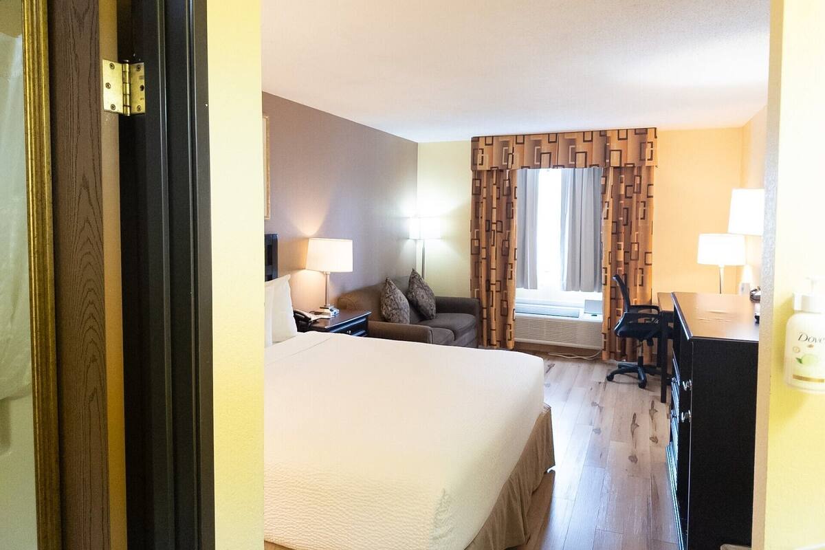 A hotel room with a bed, a desk, a chair, a sofa, and a window with curtains.