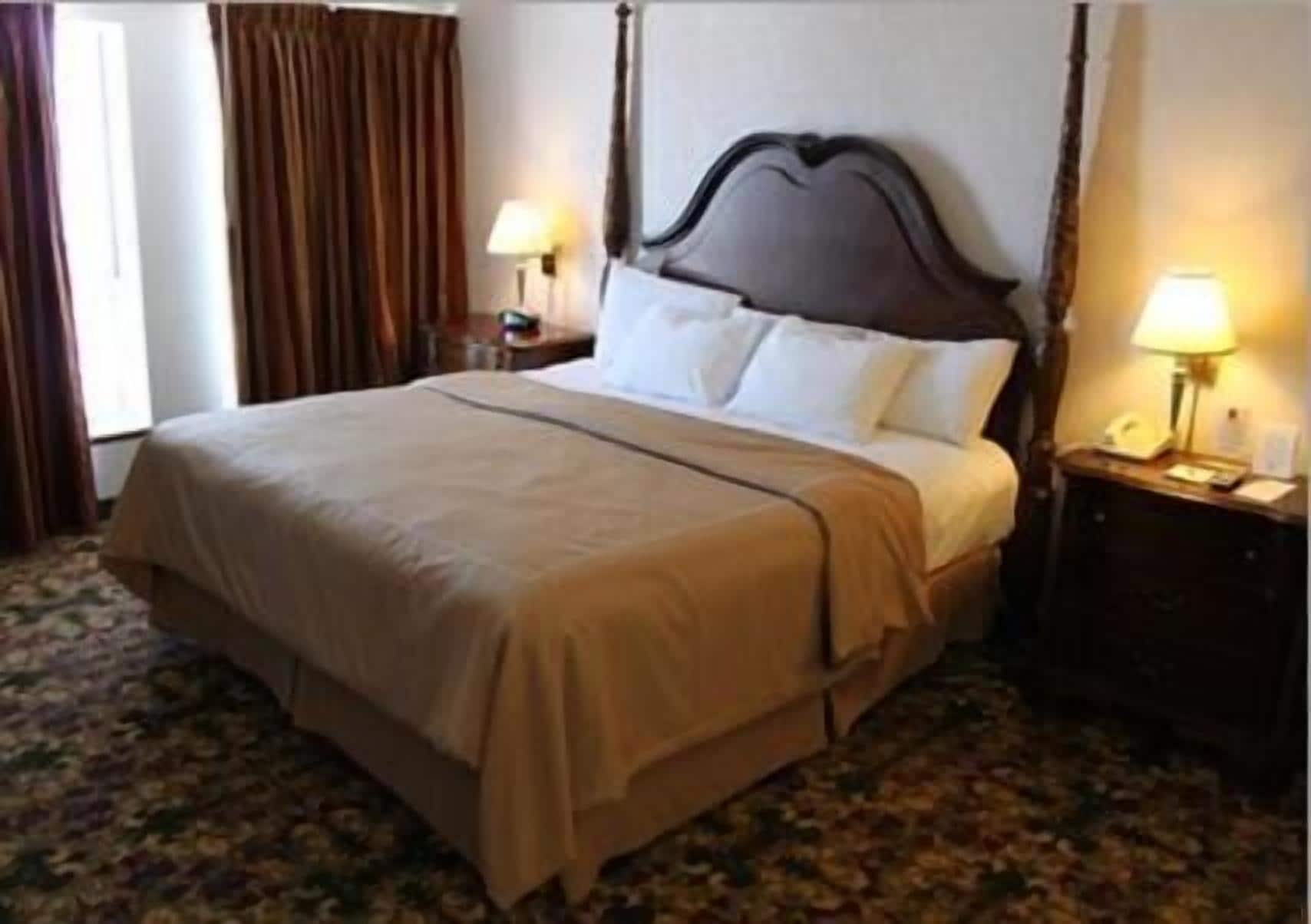 A hotel room with a large bed, two bedside tables with lamps, a window with curtains, and a carpeted floor.