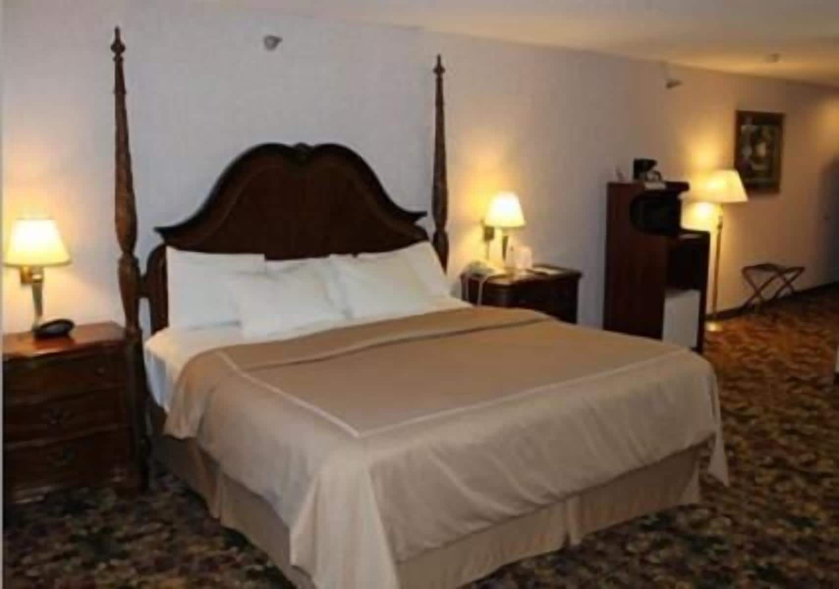 A neatly made bed with a wooden headboard, two bedside tables with lamps, and a carpeted floor.
