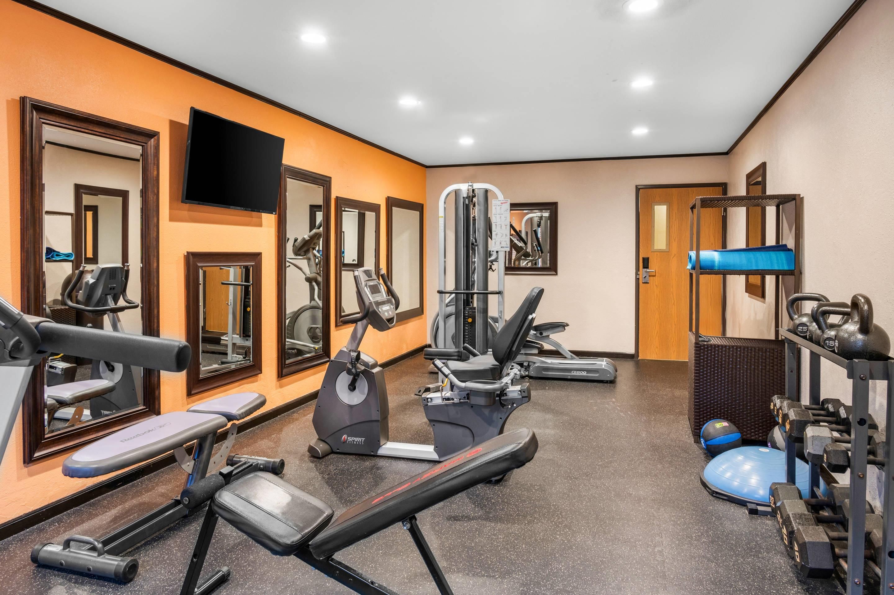 Une salle de sport équipée de machines de cardio, de matériel de musculation et de miroirs.