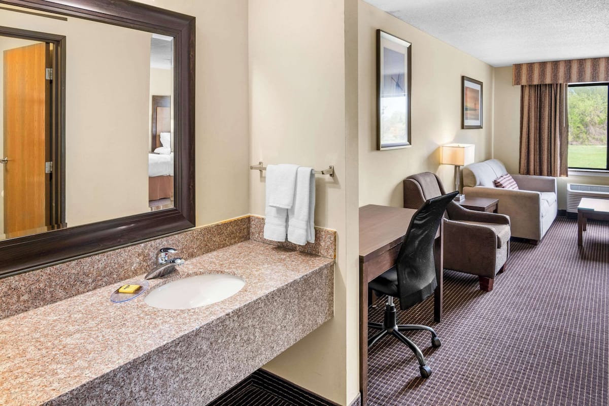 A hotel room with a granite countertop sink, a mirror, a bed with white linens, a desk with a chair, a lamp, and a view of greenery outside.
