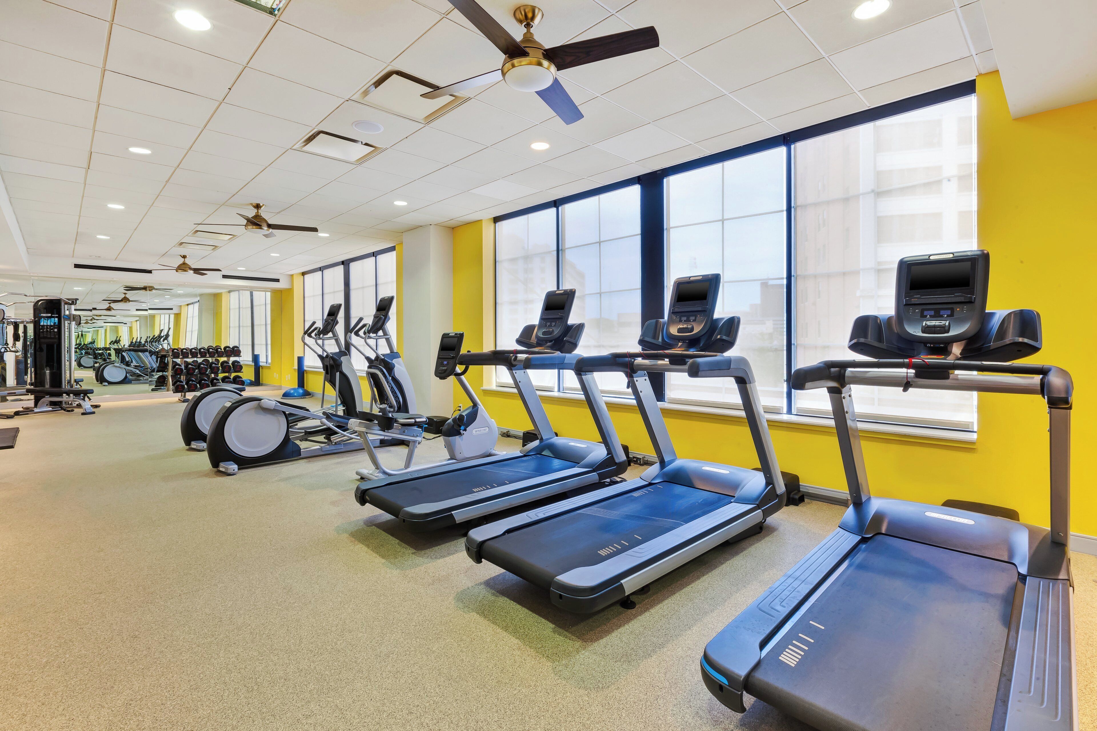 Une salle de sport équipée de tapis de course, de vélos d’exercice et de poids.