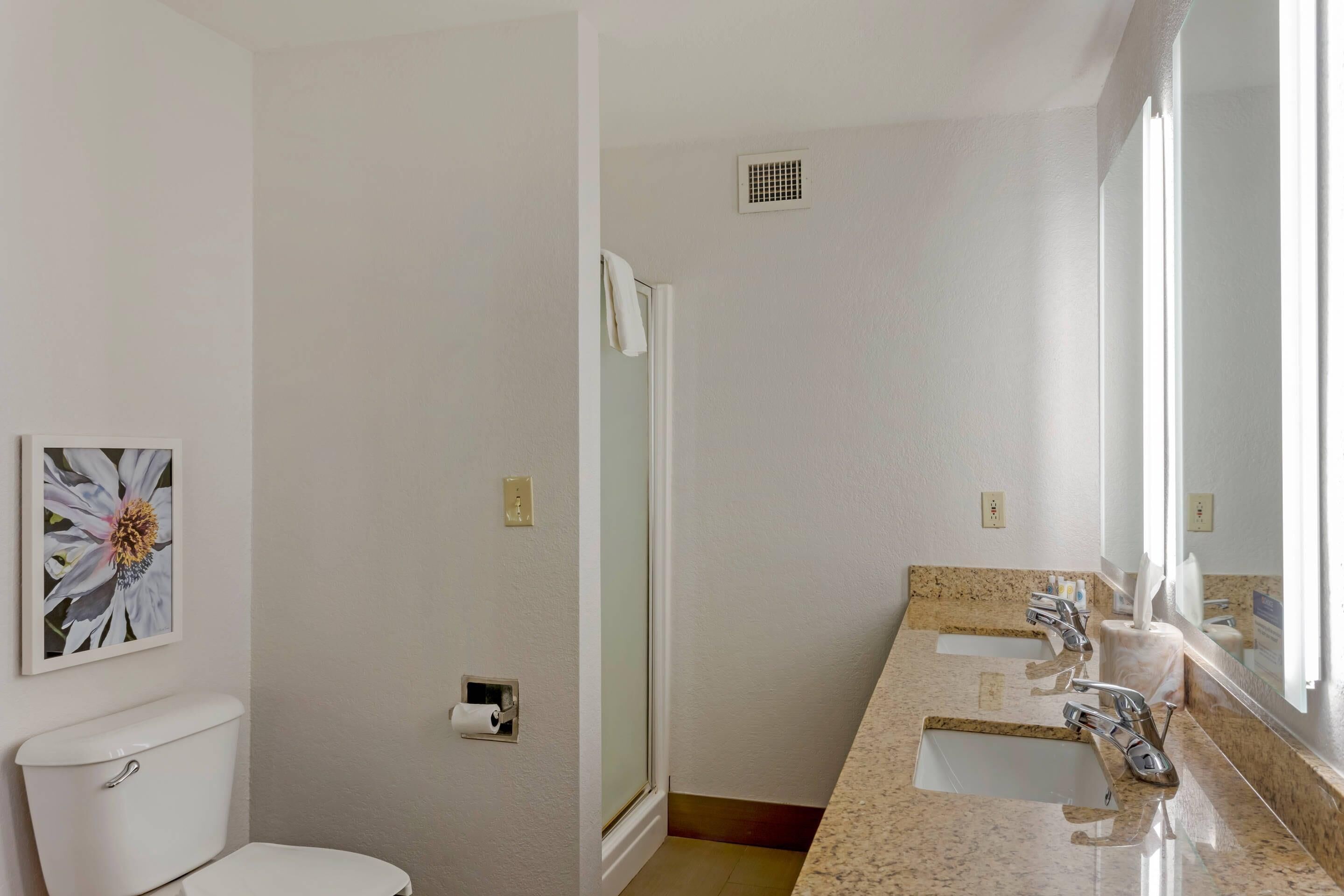 A bathroom with a toilet, a sink, a shower, and a mirror.