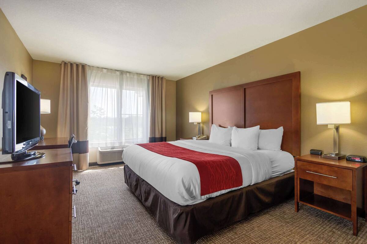 A hotel room with a large bed, a TV, a desk, and a lamp.