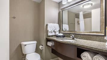 Une salle de bain moderne avec des toilettes, un lavabo et un miroir. On peut voir des serviettes et des articles de toilette.
