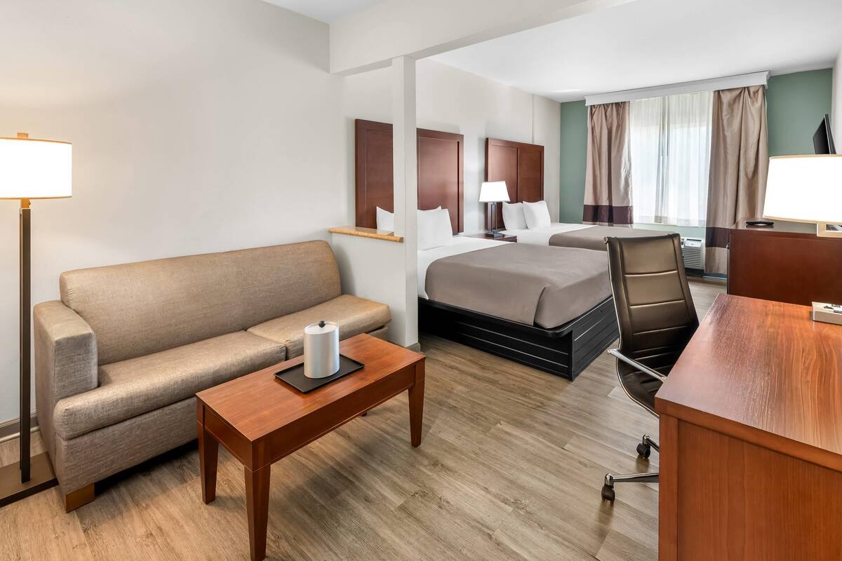 Quarto de hotel com sofá, cama, escrivaninha, cadeira e luminária.