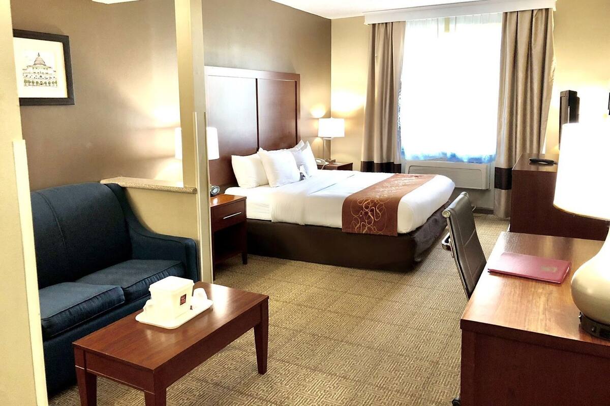 Quarto de hotel com cama, escrivaninha, cadeira, sofá, mesa de cabeceira, luminária e um quadro na parede.