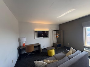 Desk, laptop workspace, blackout curtains, soundproofing