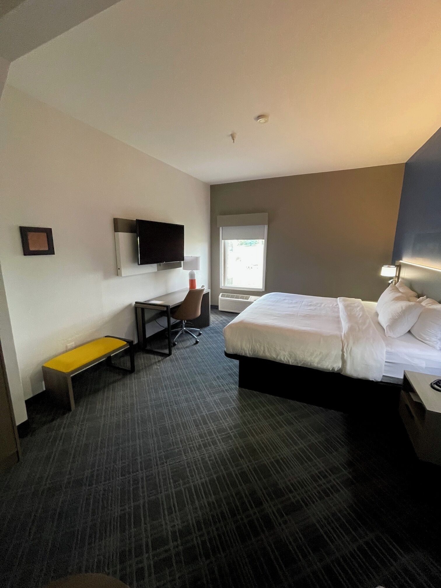 A hotel room with a bed, a desk, a chair, a TV mounted on the wall, and a window.