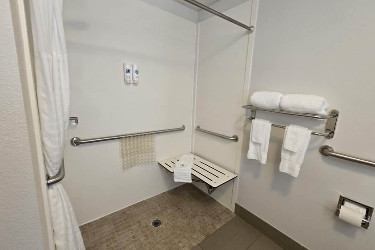 room, 1 king bed with sofa bed, accessible, non smoking (efficiency, upgrade) | bathroom | combined shower/bathtub, hair dryer, towels