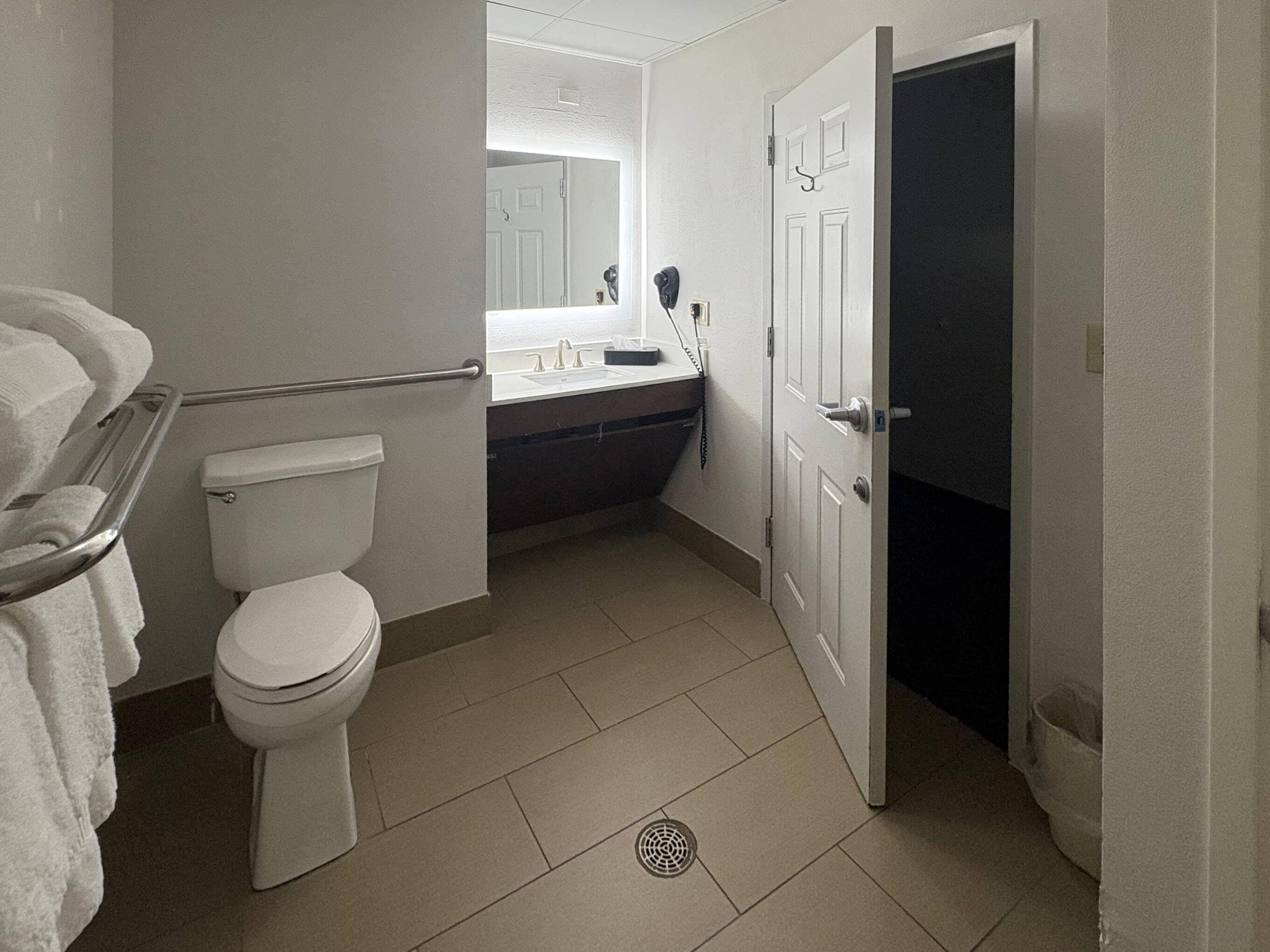 A bathroom with a toilet, a sink, and a mirror.