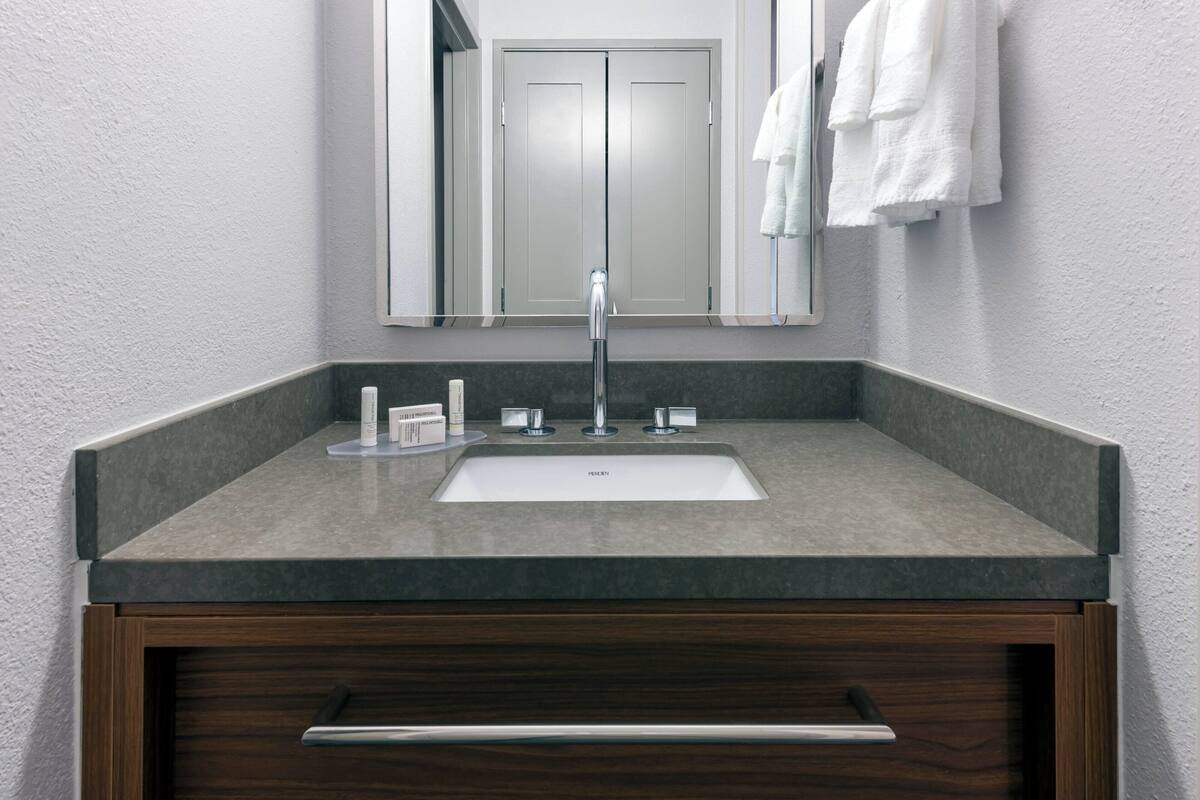 combined shower/bathtub, free toiletries, hair dryer, towels