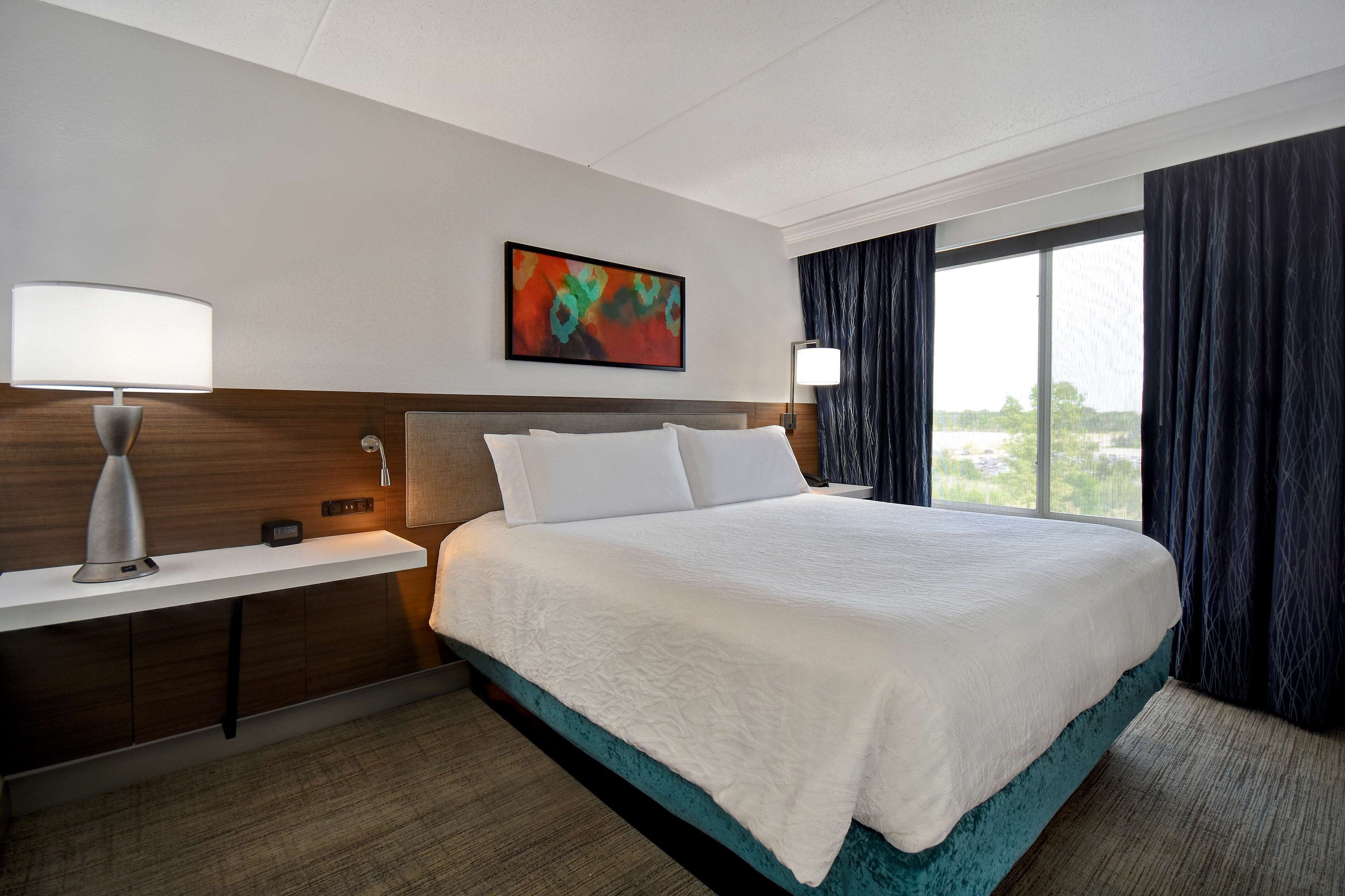 Une chambre d’hôtel avec un grand lit, une table de chevet, une lampe, un tableau au mur et une fenêtre avec des rideaux.