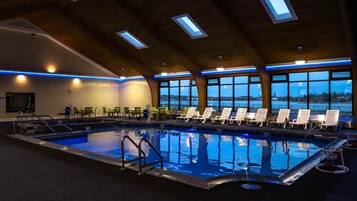 Indoor pool, open 9:00 AM to 8:00 PM, pool loungers