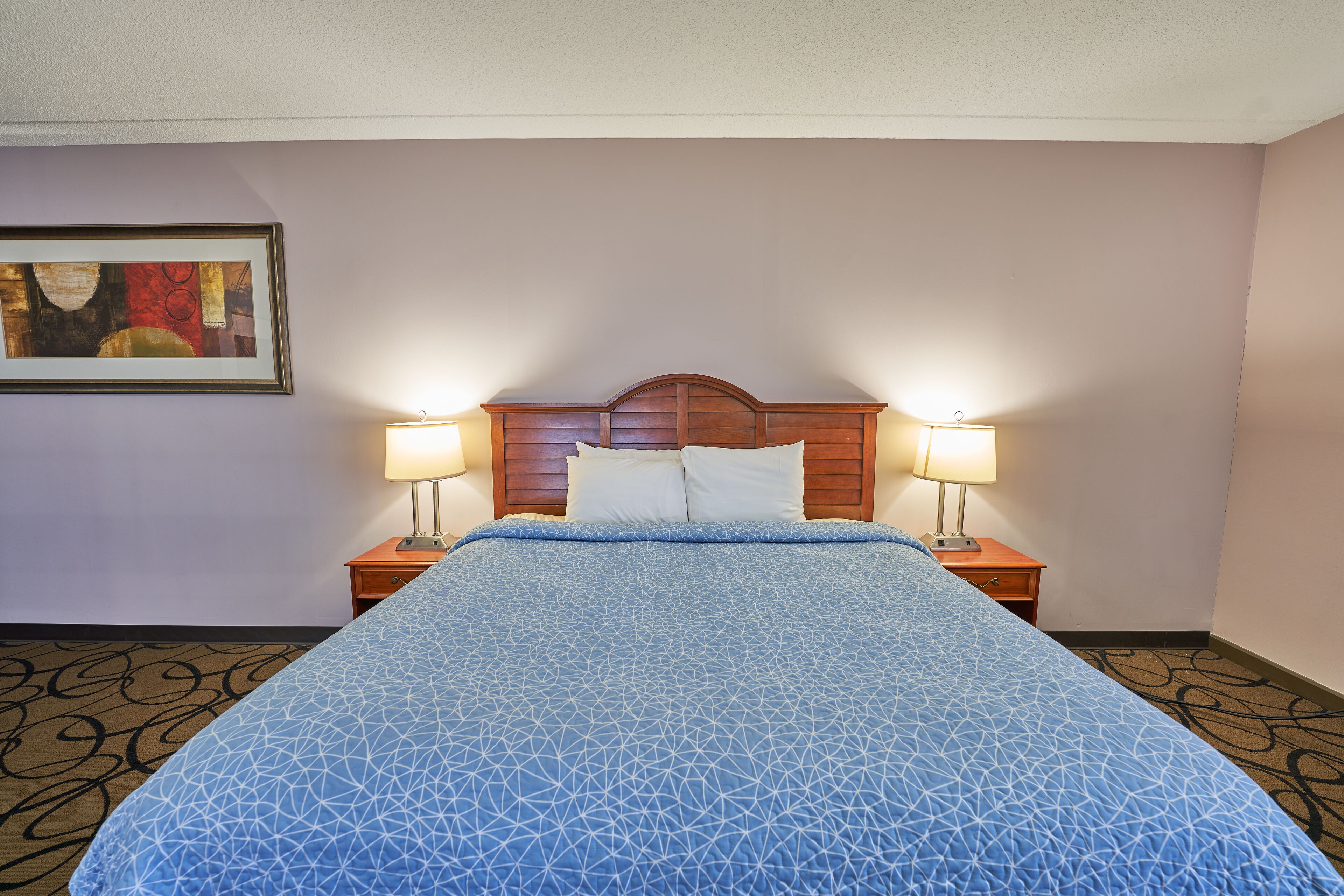 Une chambre d’hôtel avec un grand lit, deux tables de chevet avec des lampes, une tête de lit et une œuvre d’art encadrée au mur.