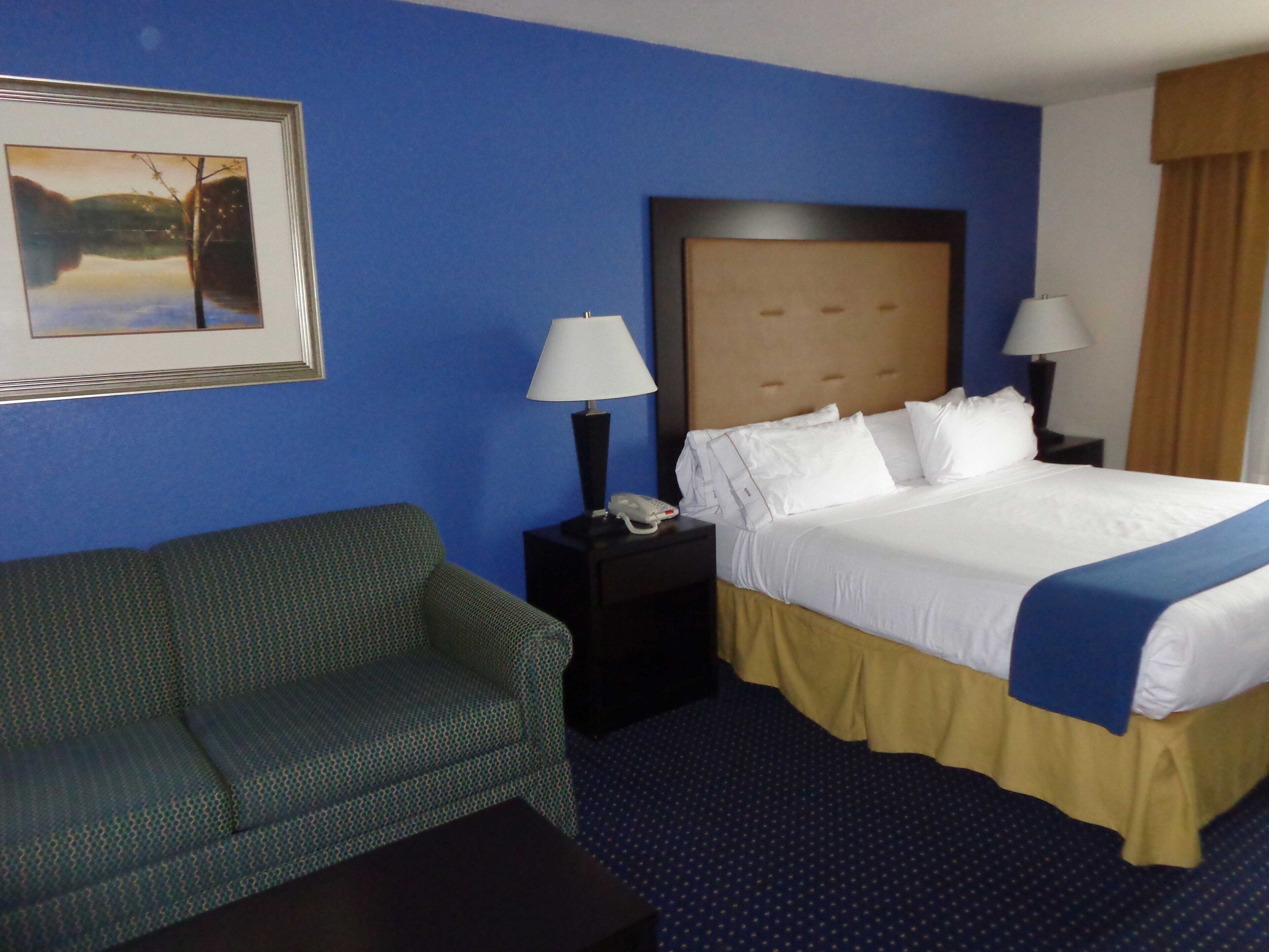 Una camera d'albergo con un letto, un divano verde, un comodino con una lampada e un quadro appeso al muro.