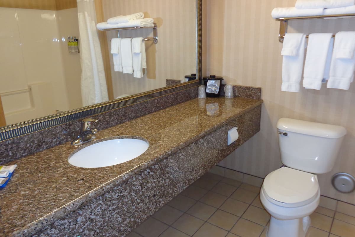 Combined shower/bathtub, hair dryer, towels