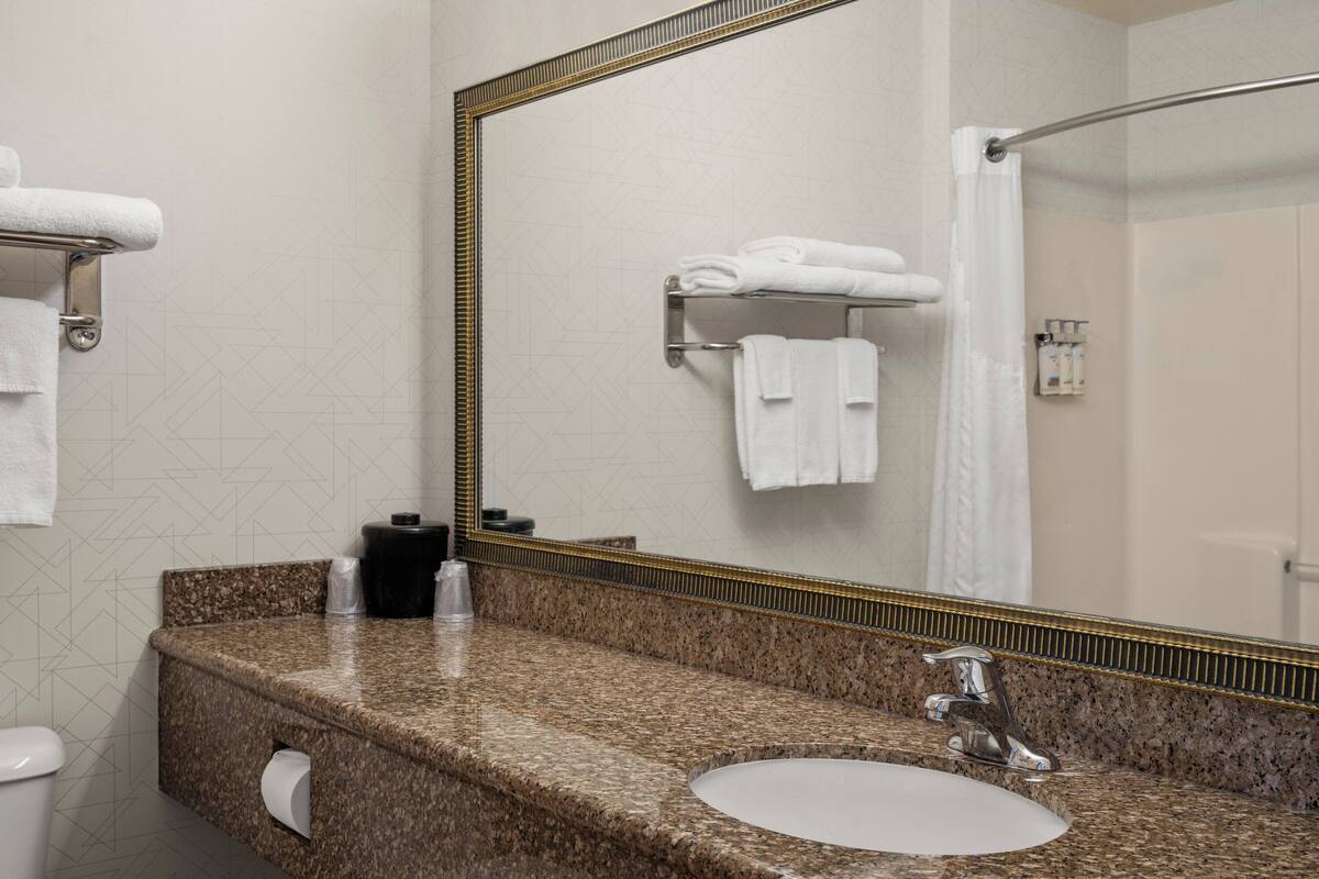 A bathroom with a granite countertop, a white sink, a large mirror, and a shower area.