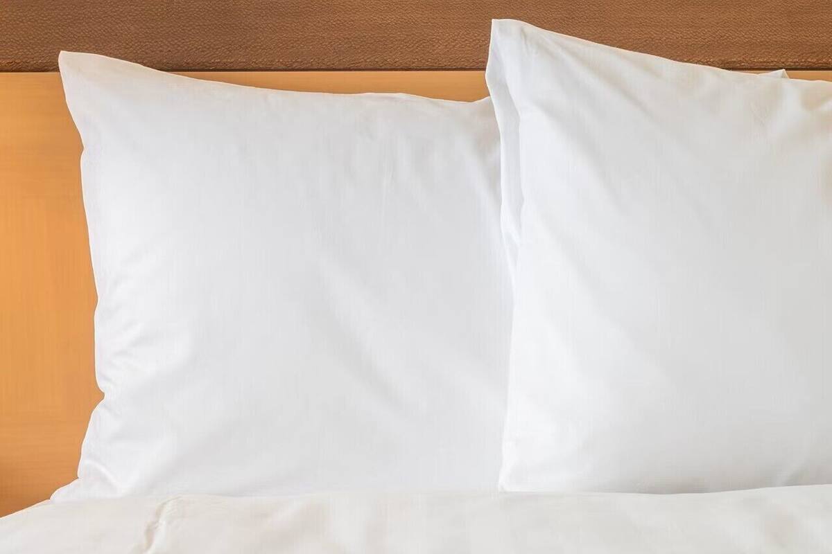 A bed with white bedding and pillows, a wooden headboard, and a plain wall.