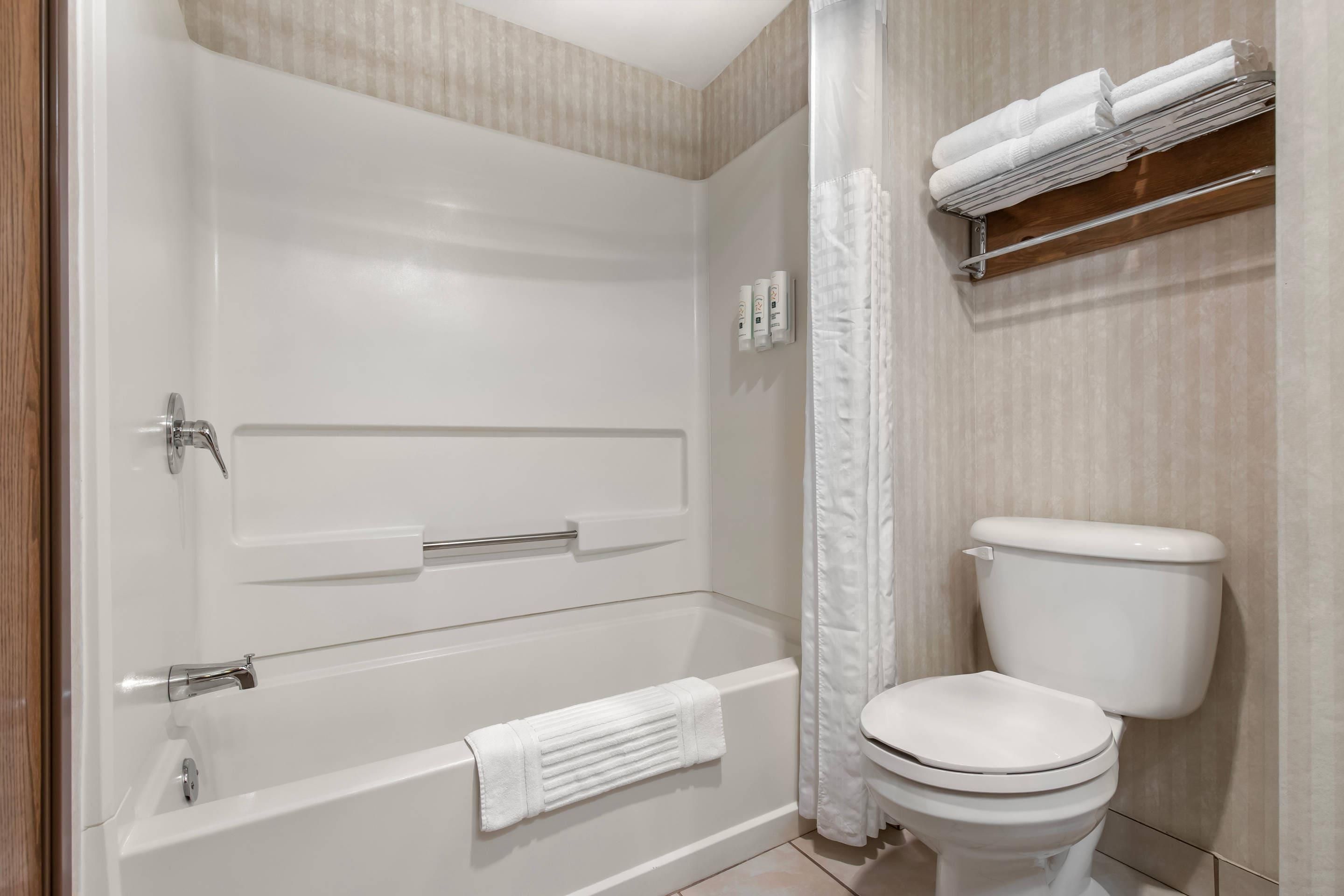 Une salle de bain moderne équipée d’une baignoire, de toilettes et d’un porte-serviettes.