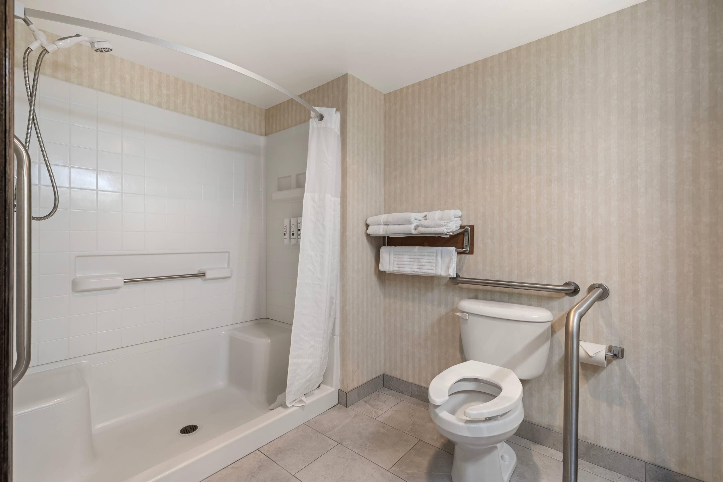 A bathroom with a shower, toilet, and a towel rack.