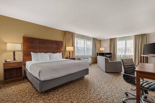 Quarto de hotel com cama, escrivaninha, cadeira, televisão e sofá.