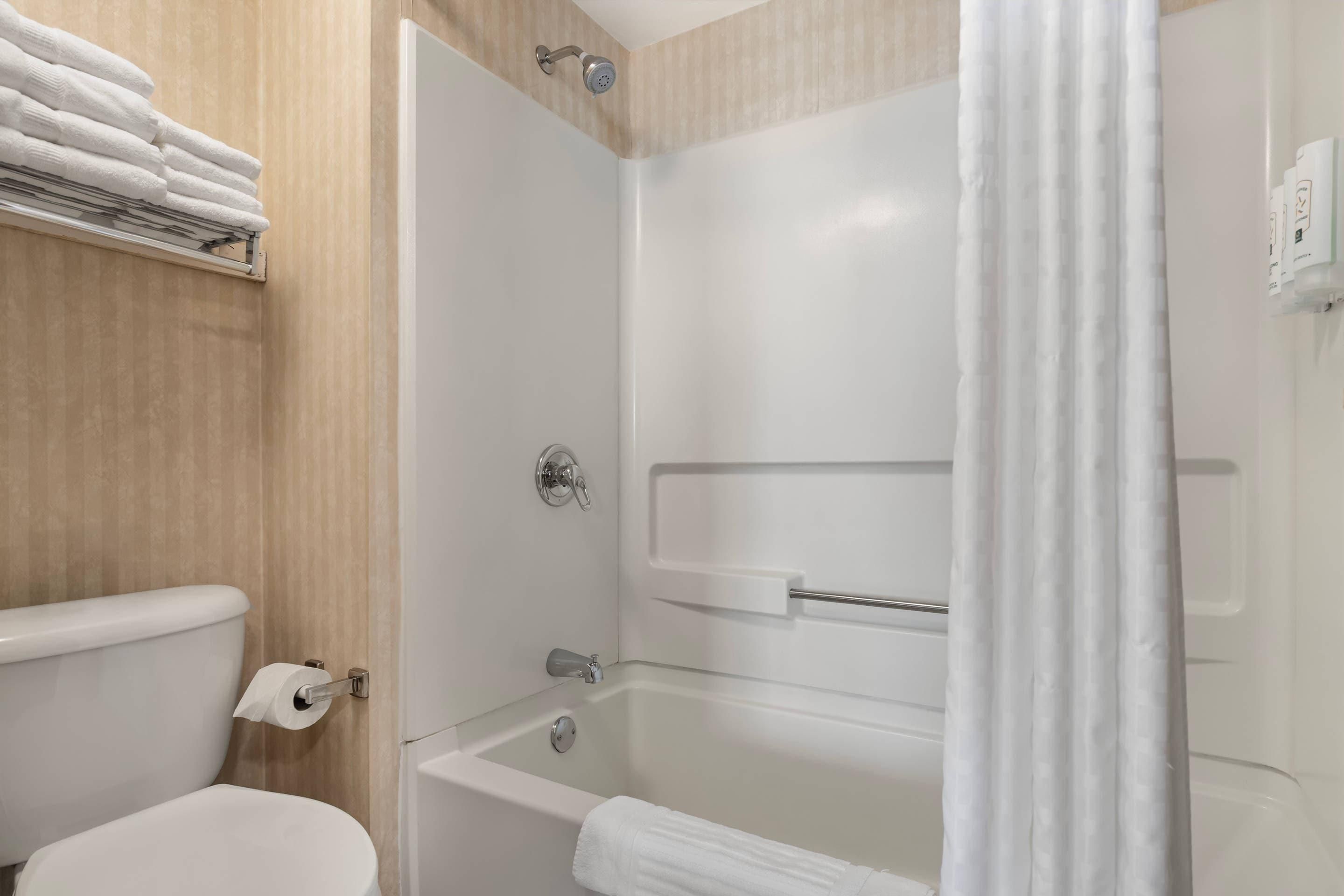 A bathroom with a toilet, a shower, and a bathtub.