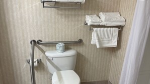 A bathroom with a white toilet, a grab bar, and two towel racks on the wall.