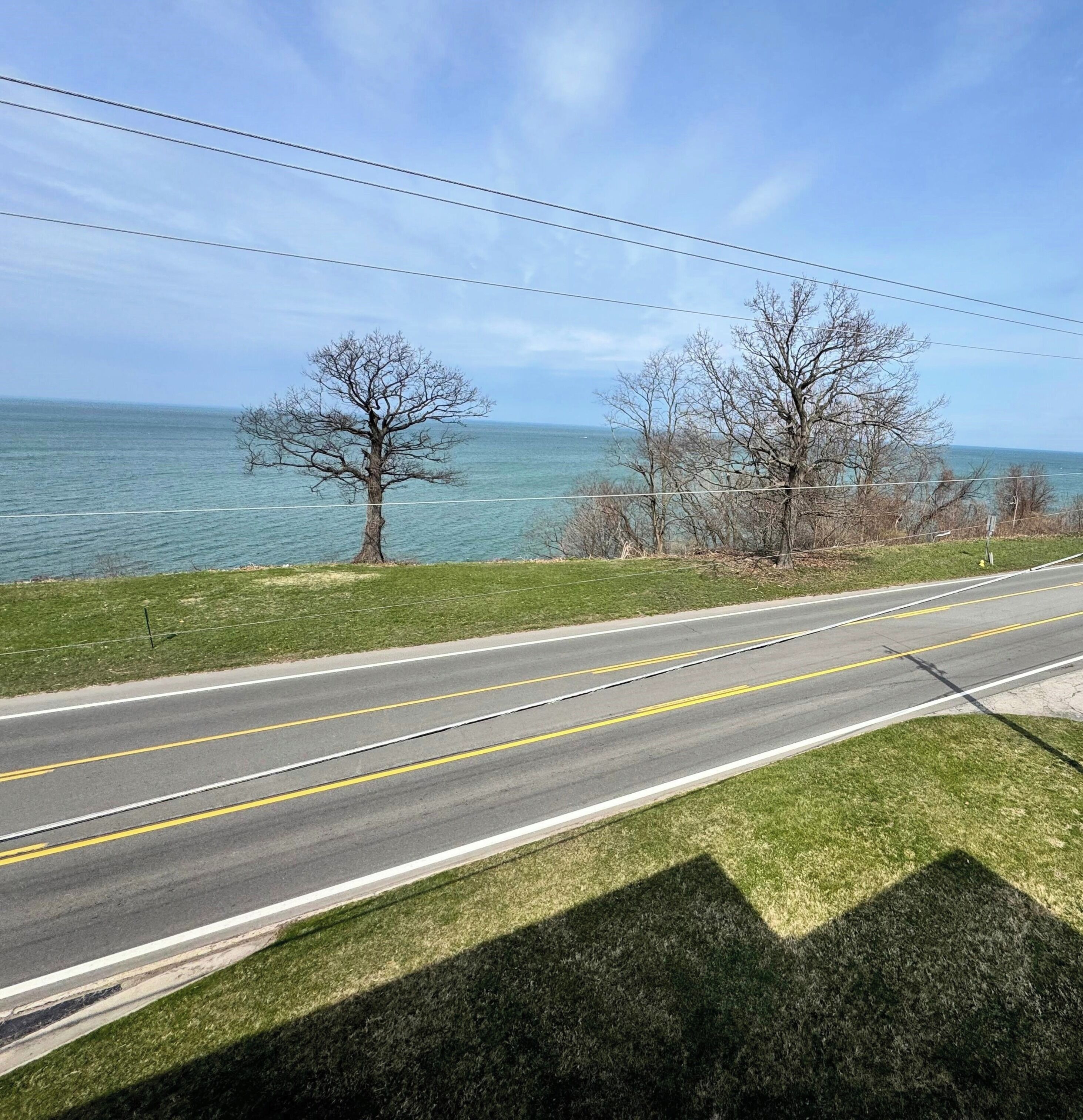 A coastal road with a grassy area and trees, overlooking the sea.