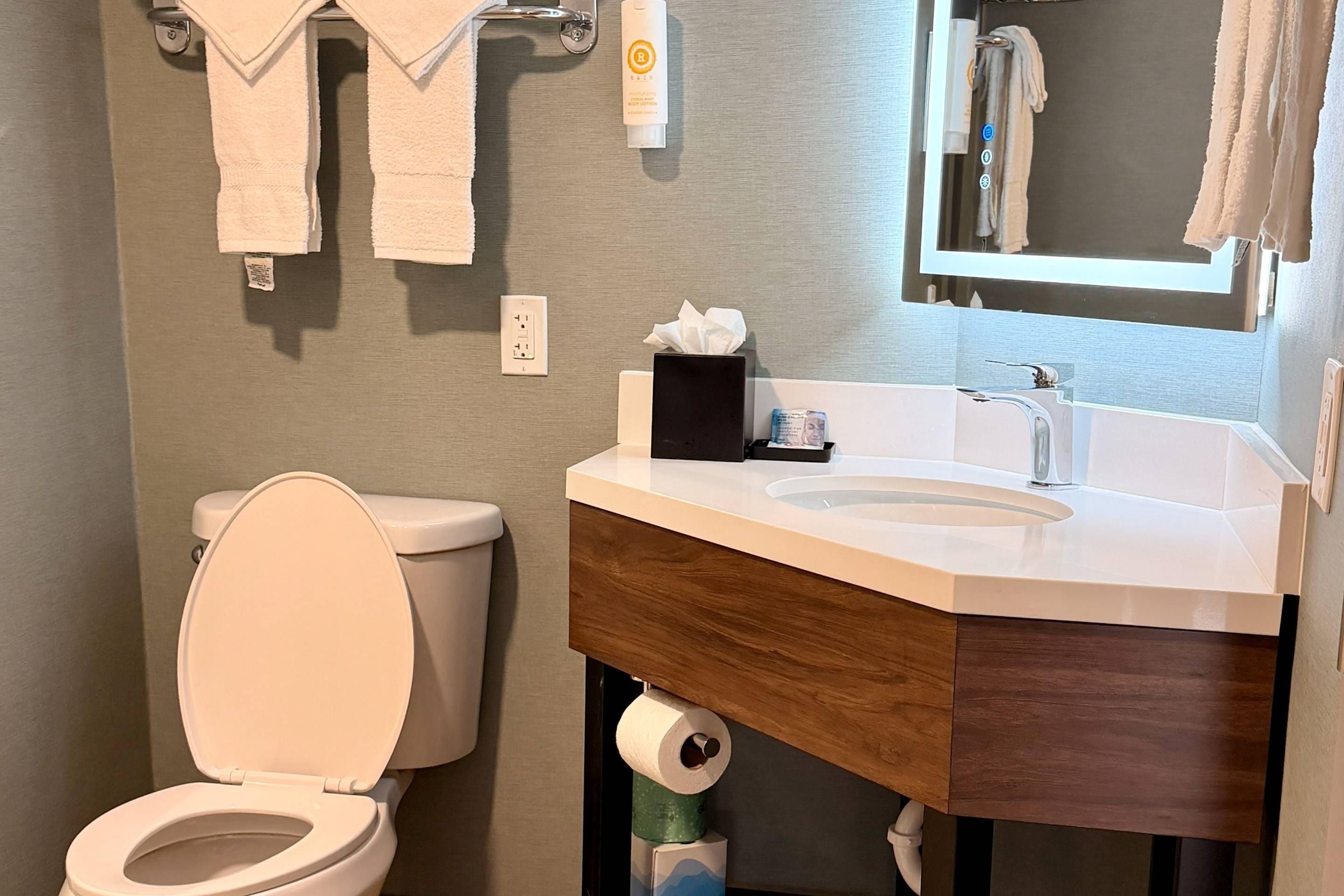 A modern bathroom with a toilet, sink, and mirror.
