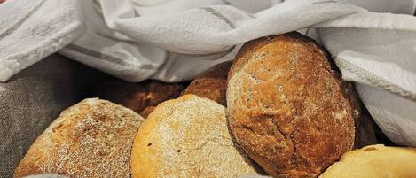 A basket of various breads.