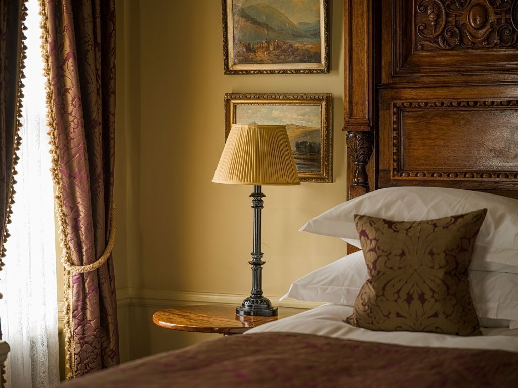 Een hotelkamer met een bed, een lamp, een schilderij aan de muur en gordijnen.