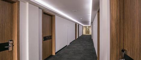 A long, narrow hallway with wooden doors on both sides, a carpeted floor, and recessed lighting along the ceiling.