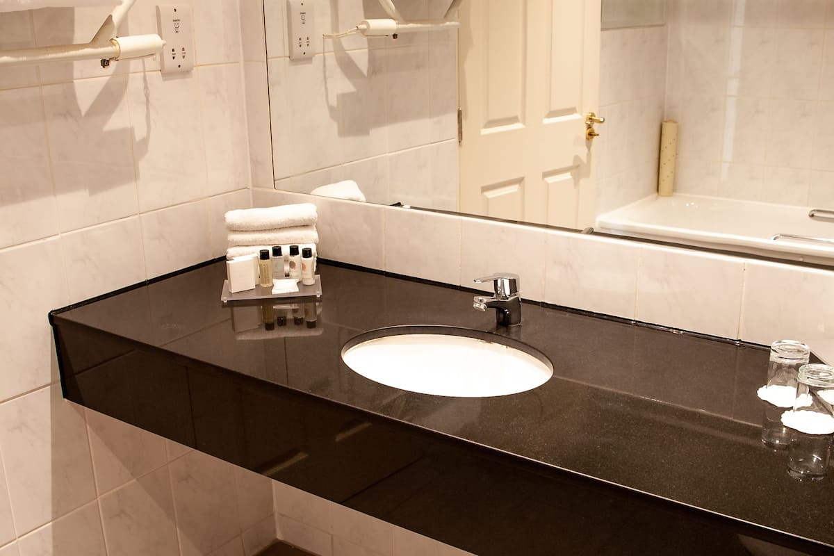 combined shower/bathtub, free toiletries, hair dryer, towels