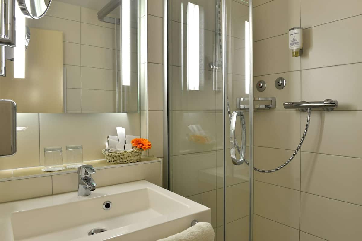 shower, free toiletries, hair dryer, towels