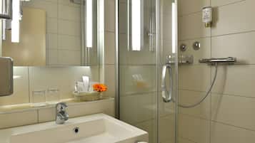 Shower, free toiletries, hair dryer, towels