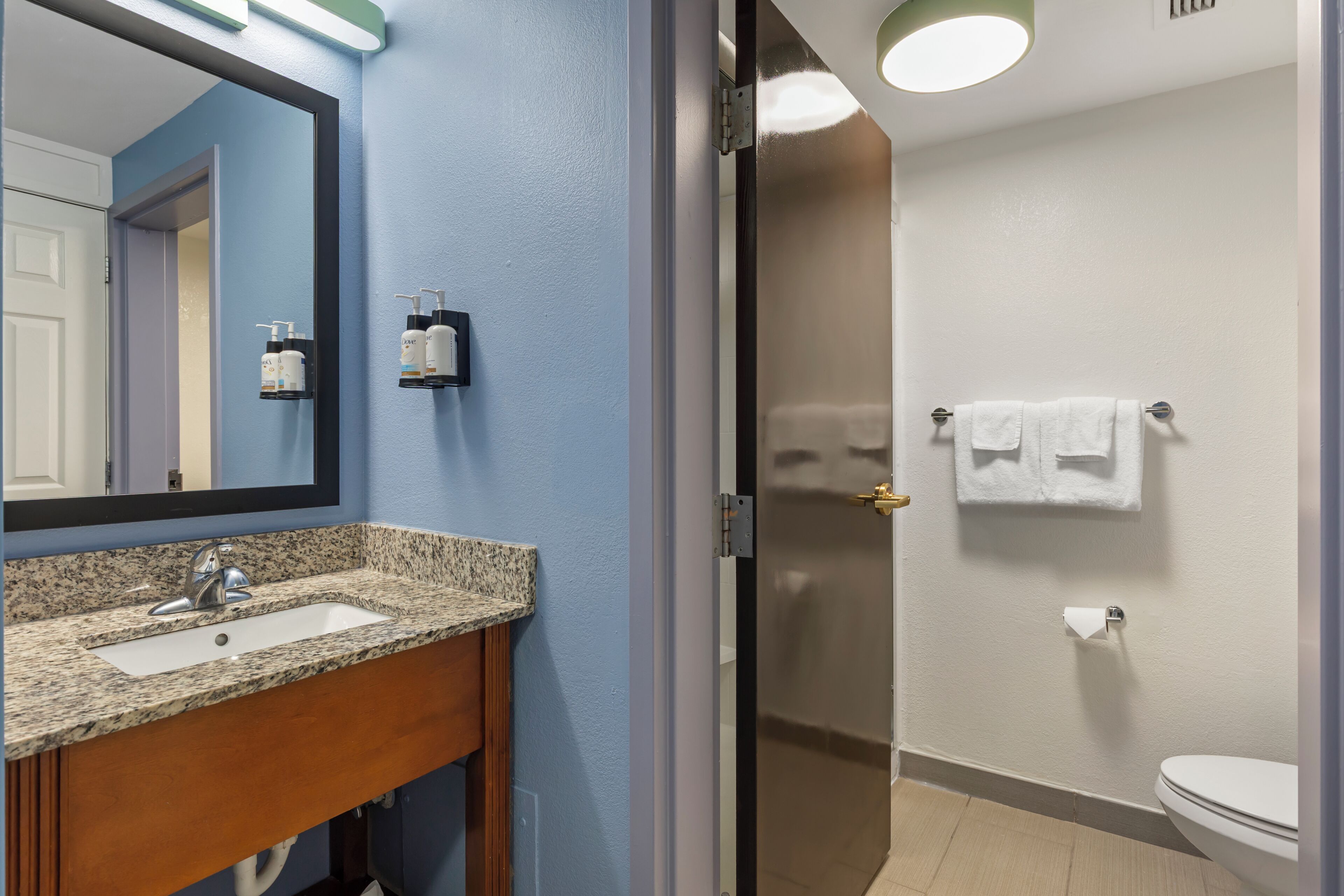 A bathroom with a granite countertop sink, a mirror, toiletries, a shower, and a toilet.