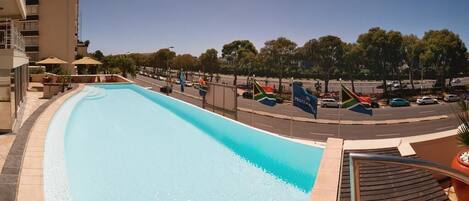 Indoor pool, outdoor pool, pool umbrellas, sun loungers