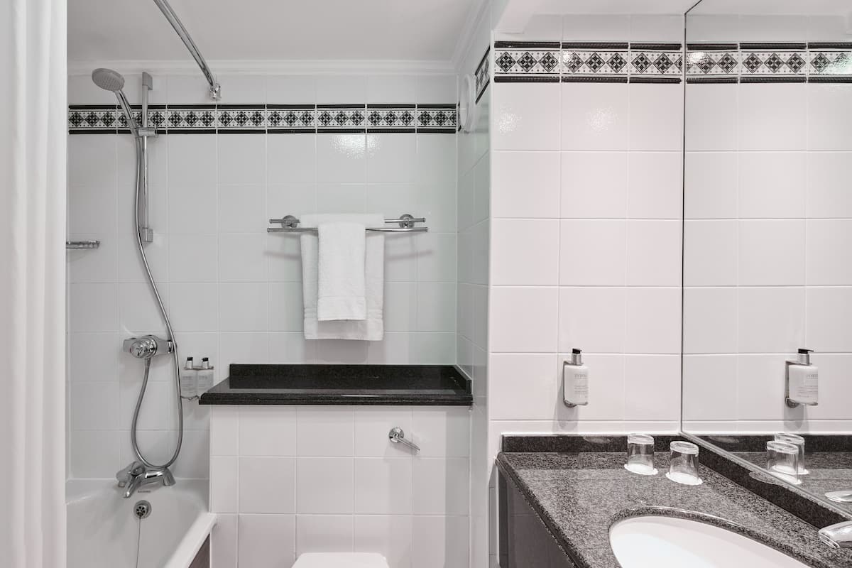 combined shower/bathtub, eco-friendly toiletries, hair dryer, towels