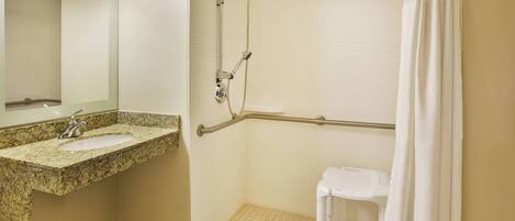 Baño con lavamanos de granito, espejo, ducha de mano, barra de apoyo y inodoro blanco.
