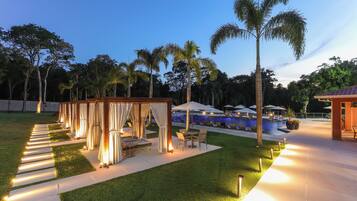 Outdoor pool, pool umbrellas, pool loungers