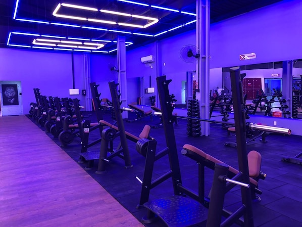 Une salle de sport équipée de divers appareils d’entraînement, notamment des machines à poids et des poids libres, le tout sous un éclairage bleu.