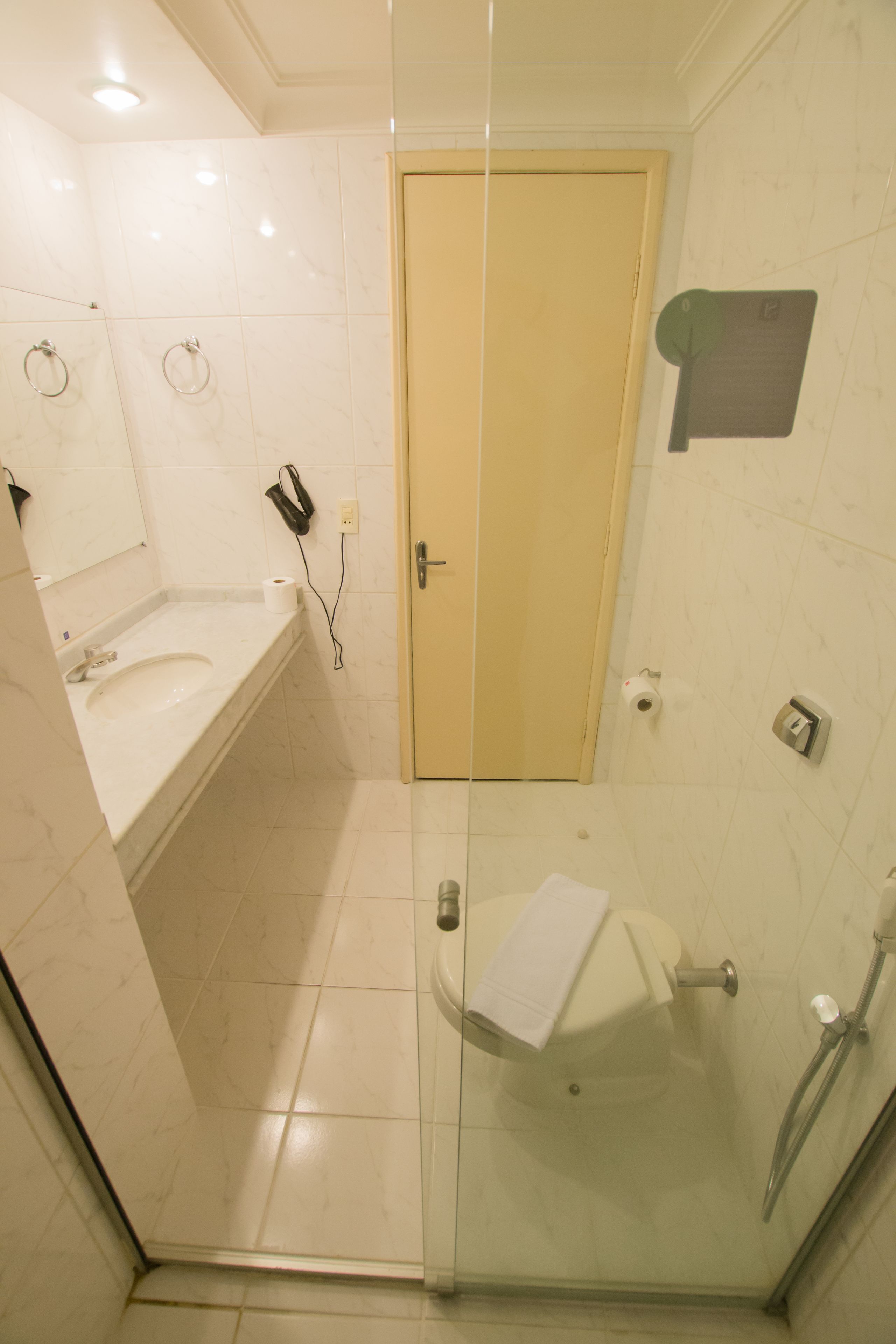A modern bathroom with a glass shower enclosure, a sink with a mirror, and a toilet.