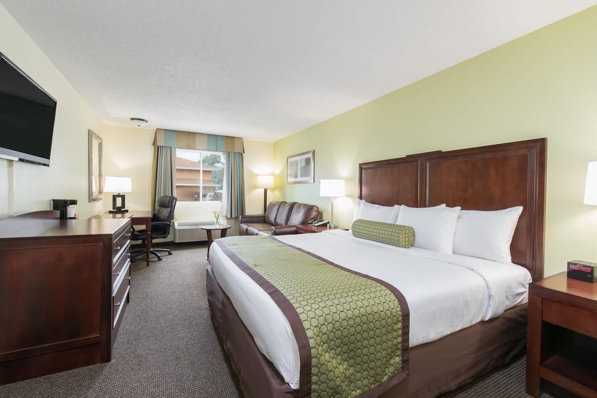 A hotel room with a bed, desk, chair, and a television.