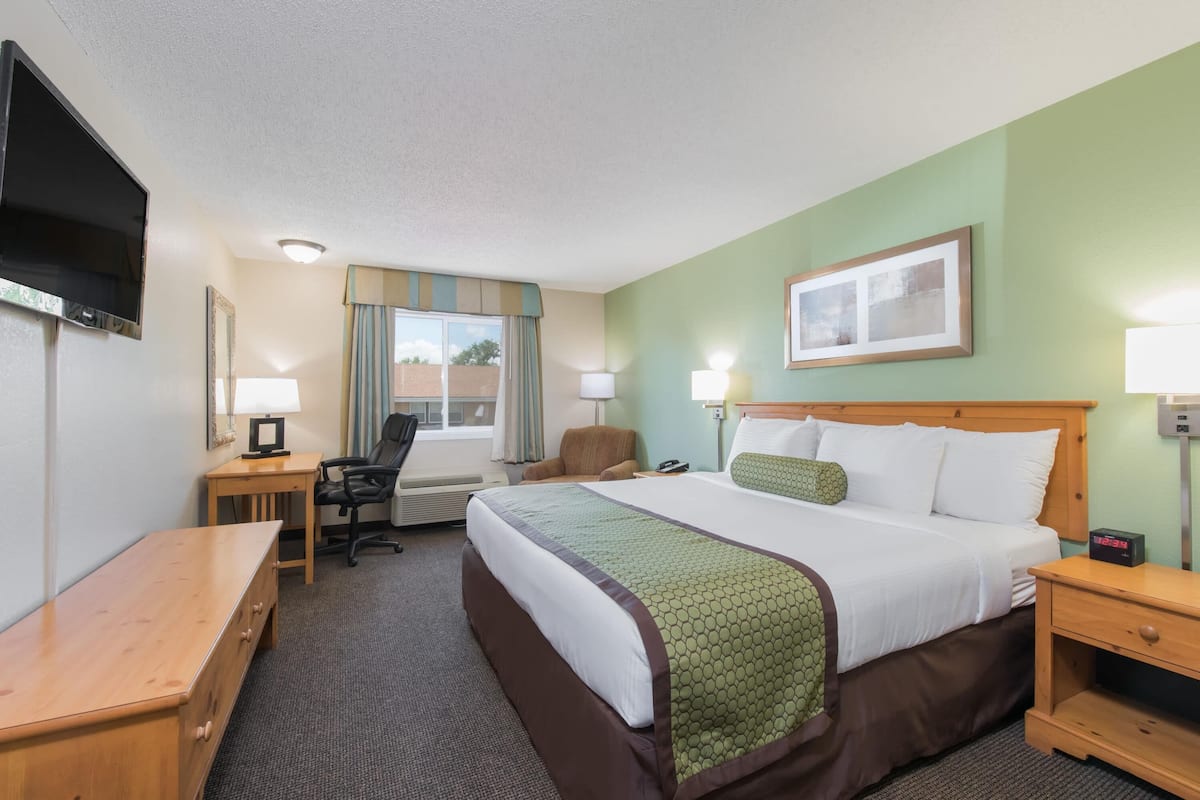 A hotel room with a bed, desk, chair, TV, and window.