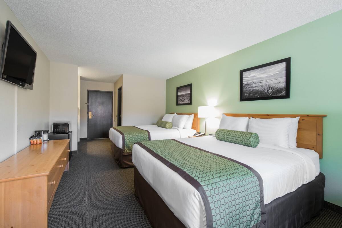 A hotel room with two beds, a desk, a TV, and a framed picture on the wall.