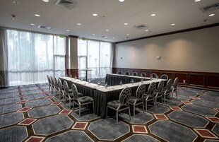 Un salón de conferencias con una larga mesa, sillas y una alfombra estampada.