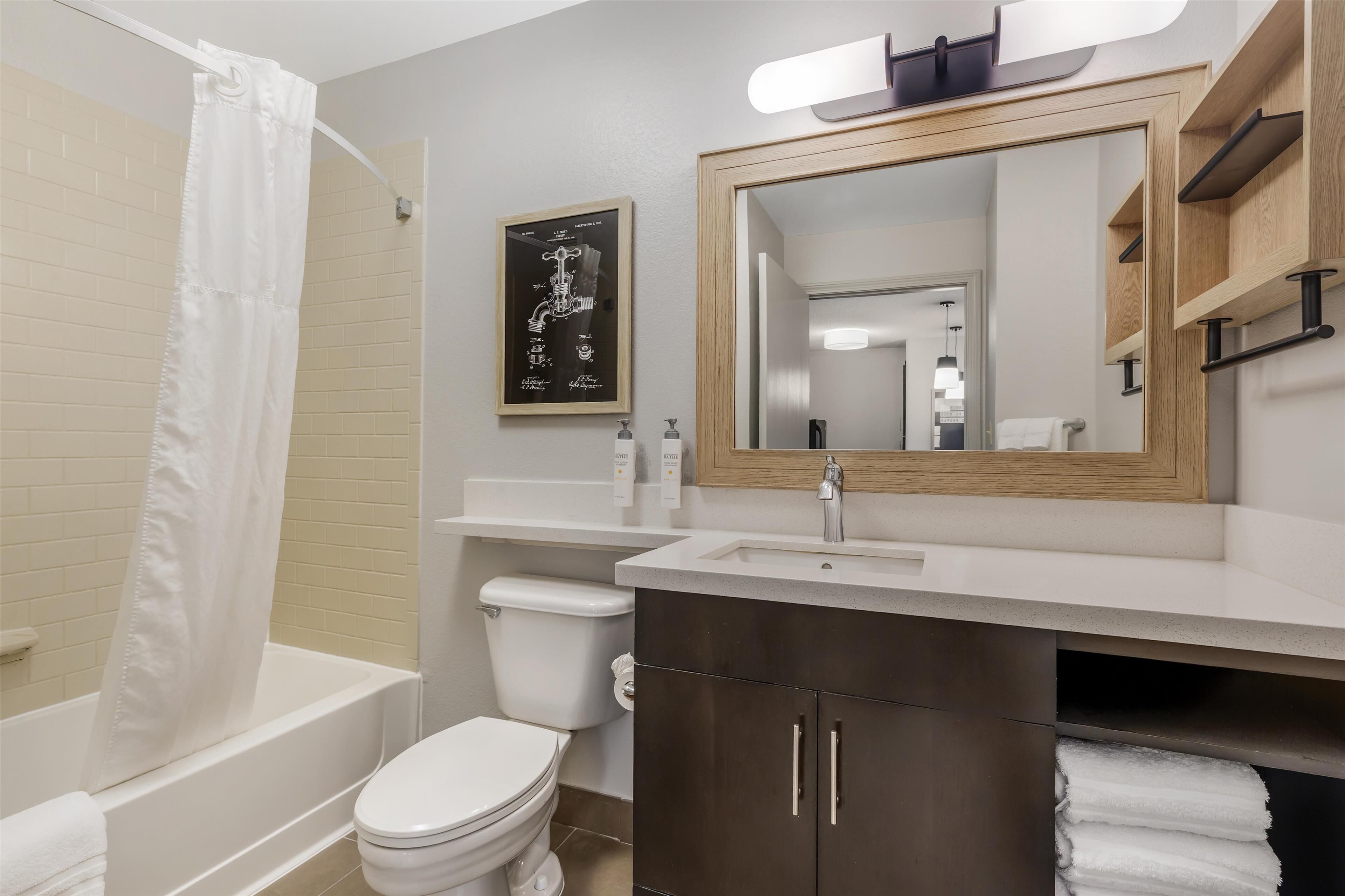 suite, 1 queen bed with sofa bed (one bedroom) | bathroom | combined shower/bathtub, free toiletries, hair dryer, towels