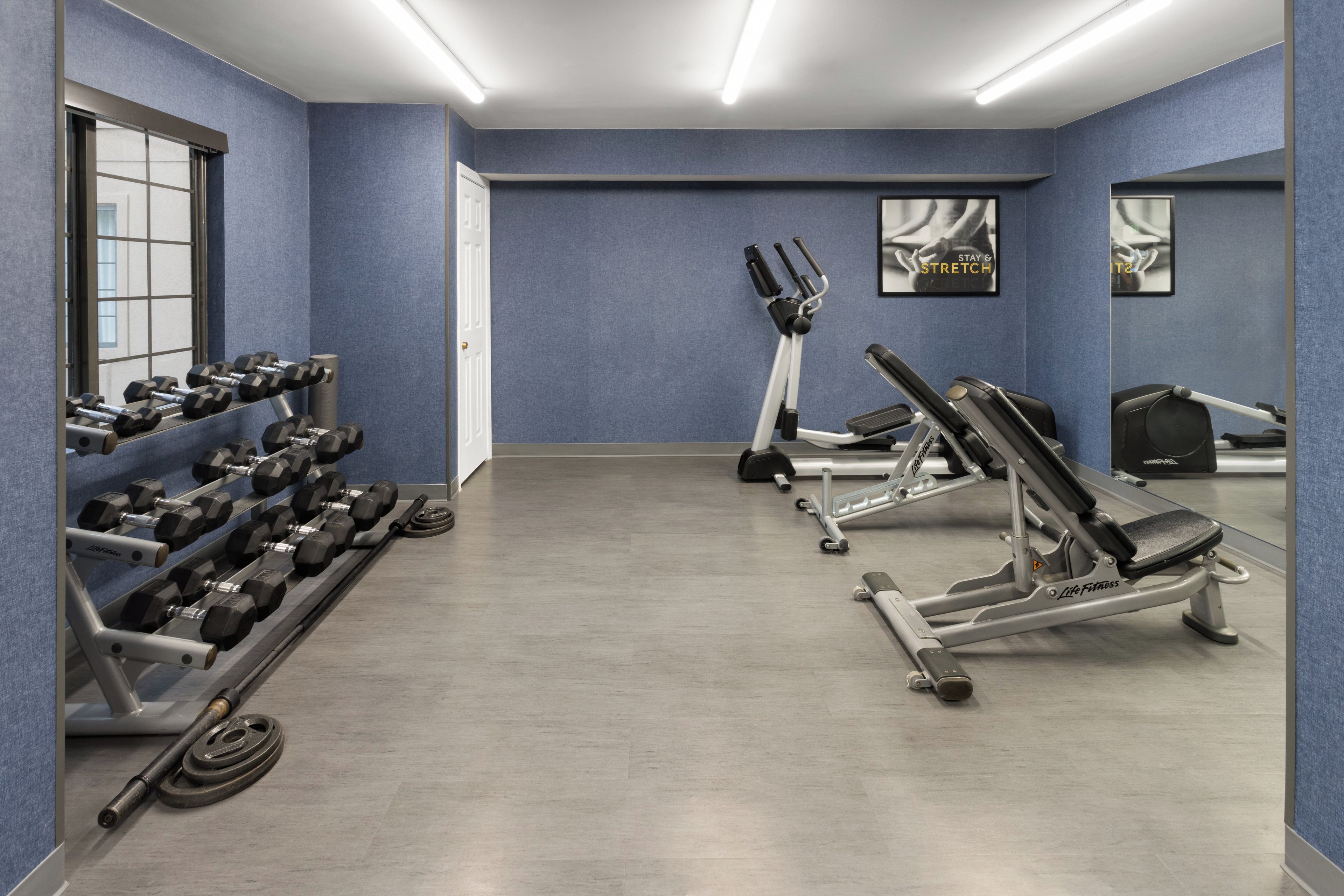 Un gimnasio con equipamiento de ejercicio, incluyendo mancuernas, cinta de correr y prensa de banca.