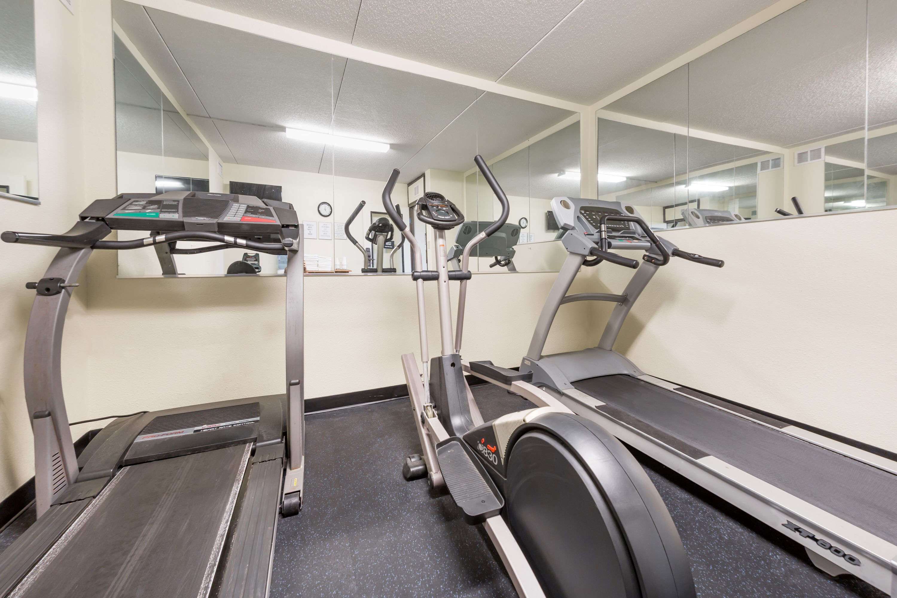 Une salle de sport équipée de tapis de course, de vélos elliptiques et d’un mur recouvert de miroirs.